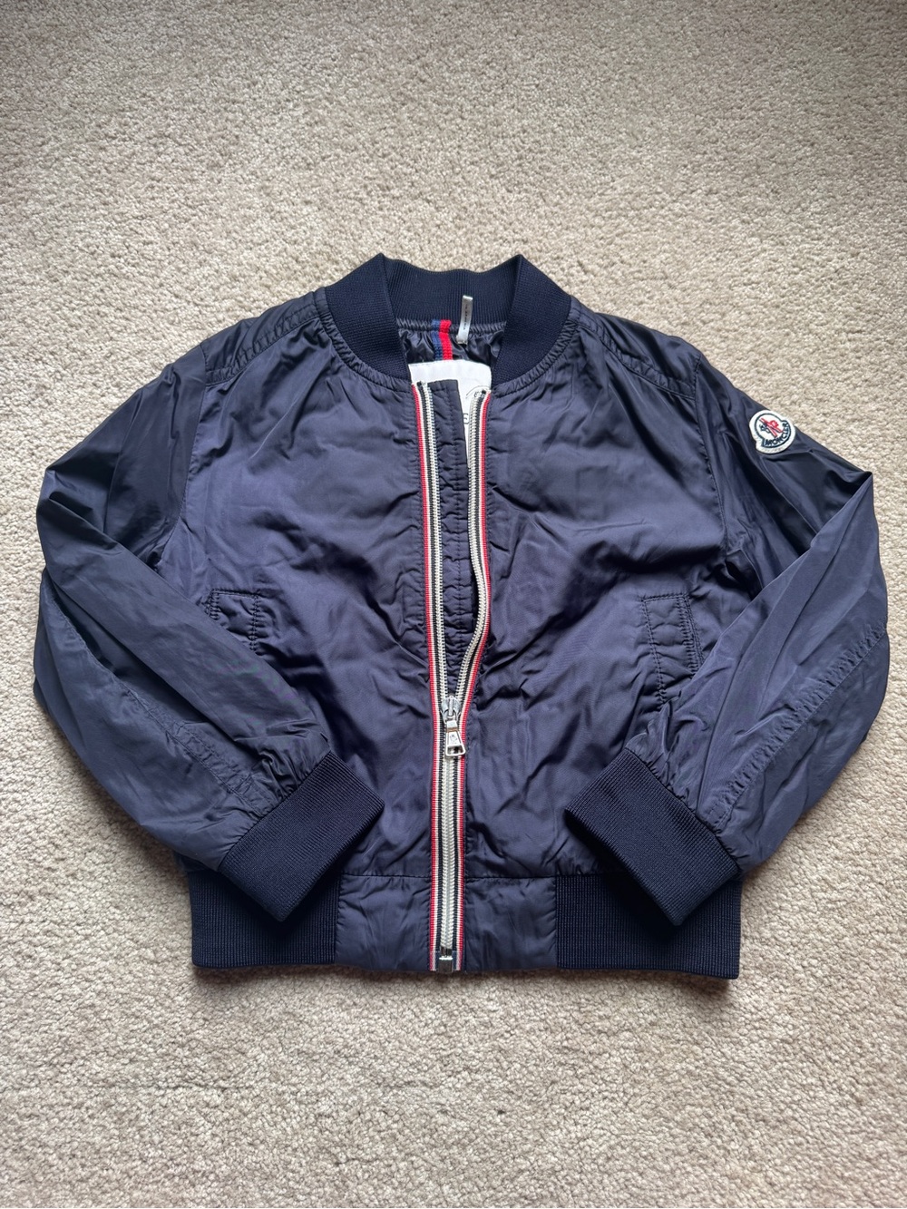 Moncler Navy Bomber Jacket with Tricolor Zip Trim